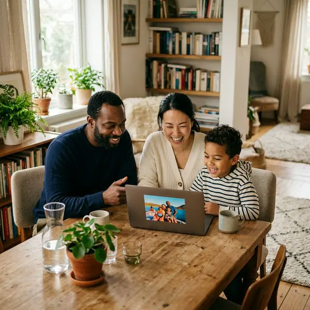Family looking at laptop
