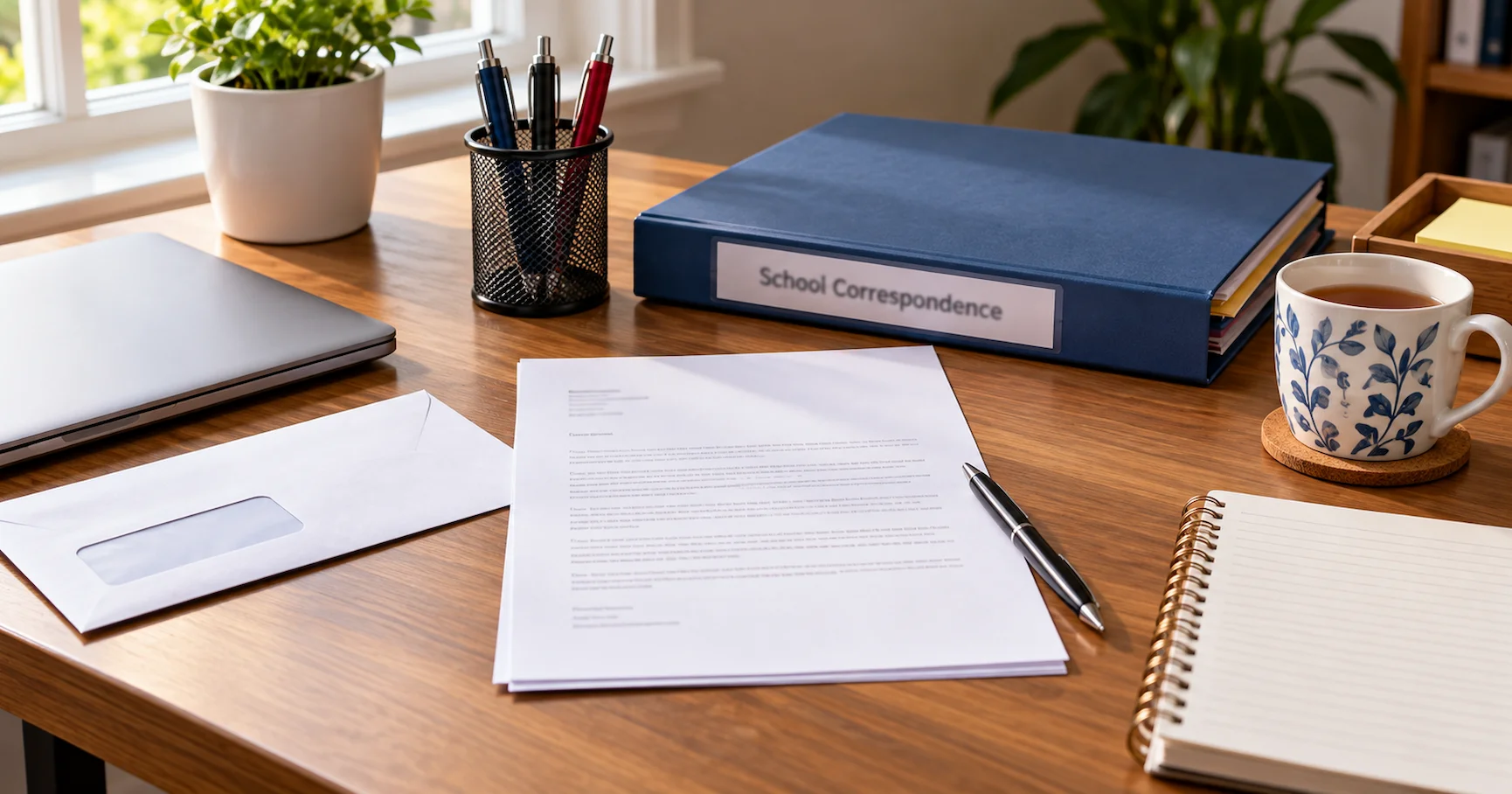 An organised desk workspace showing a printed complaint letter, envelope, folder of school correspondence, pen and notepad in England