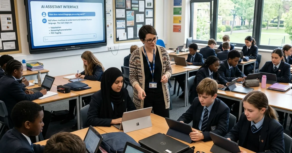 Students using tablets and laptops in a modern British classroom with an AI interface on the whiteboard