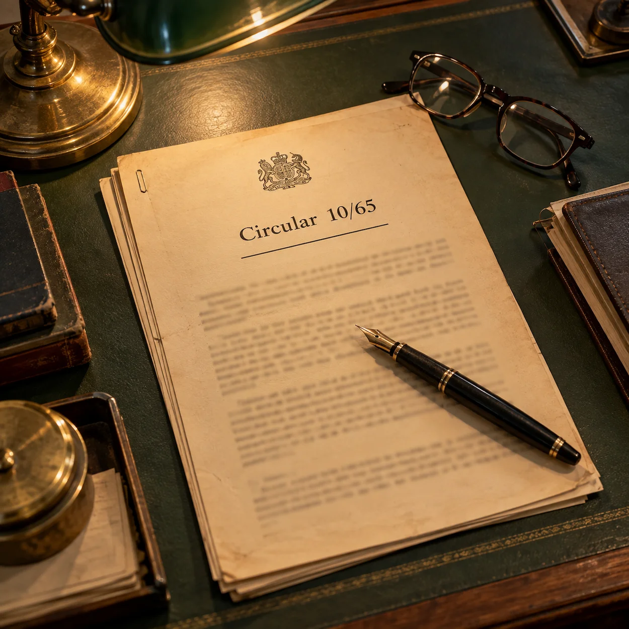 A vintage government document labelled Circular 10/65 on a ministerial desk with a fountain pen resting across it