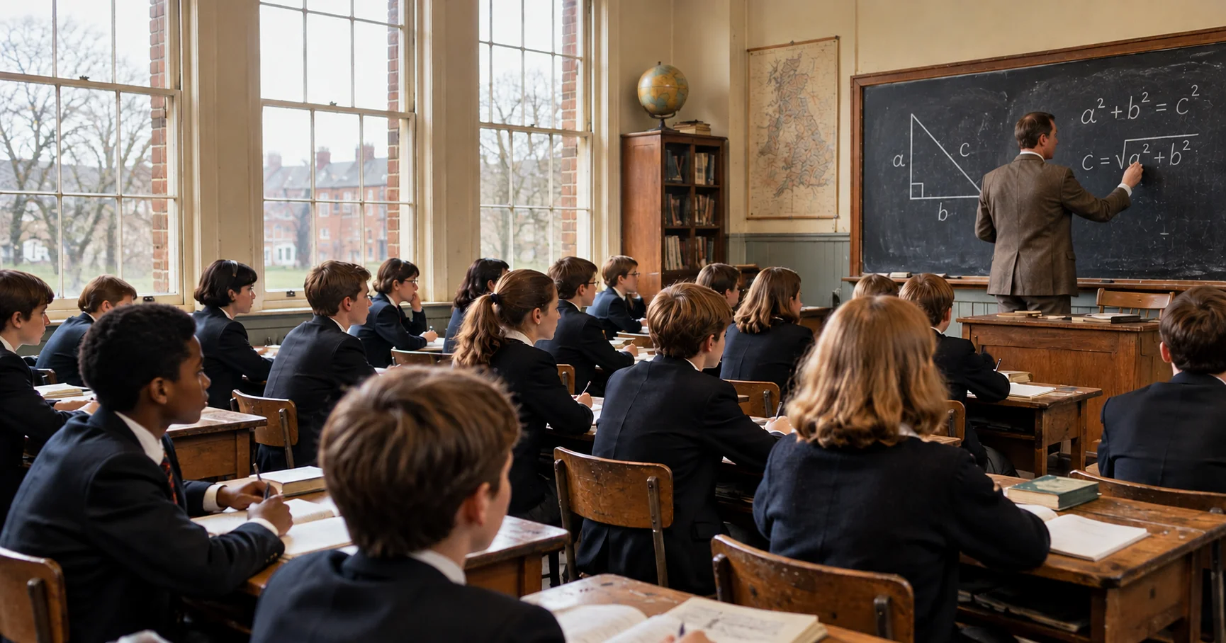 A 1960s British secondary school classroom with a mixed-ability group of pupils at wooden desks, taught by a teacher at a blackboard