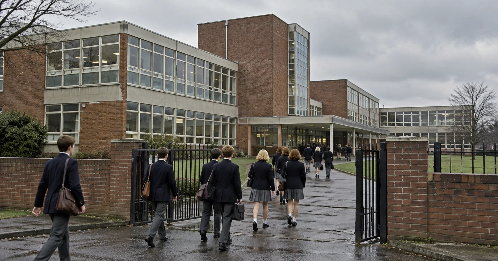 A 1960s British comprehensive school building with pupils in uniform walking through the main gate on a grey morning