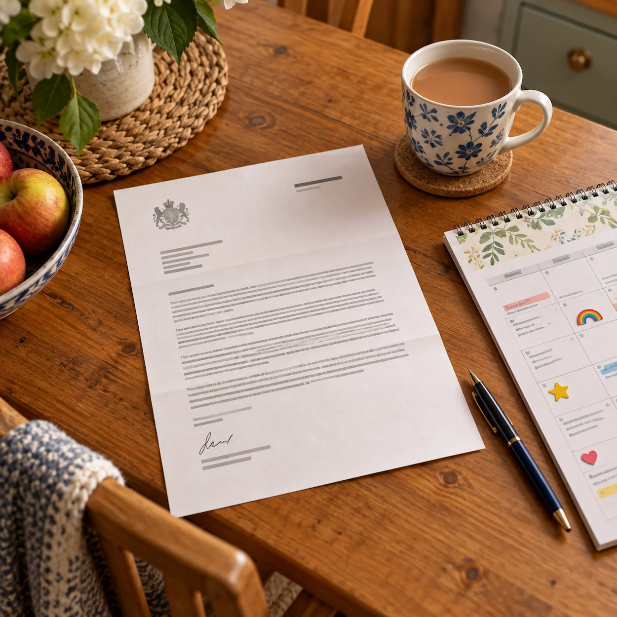 An official-looking letter on a kitchen table beside a cup of tea, with a pen and family calendar nearby