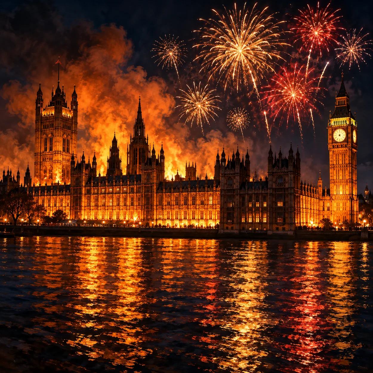 The Houses of Parliament in London viewed dramatically from across the Thames at night, lit with golden and orange tones in a painterly historical illustration style