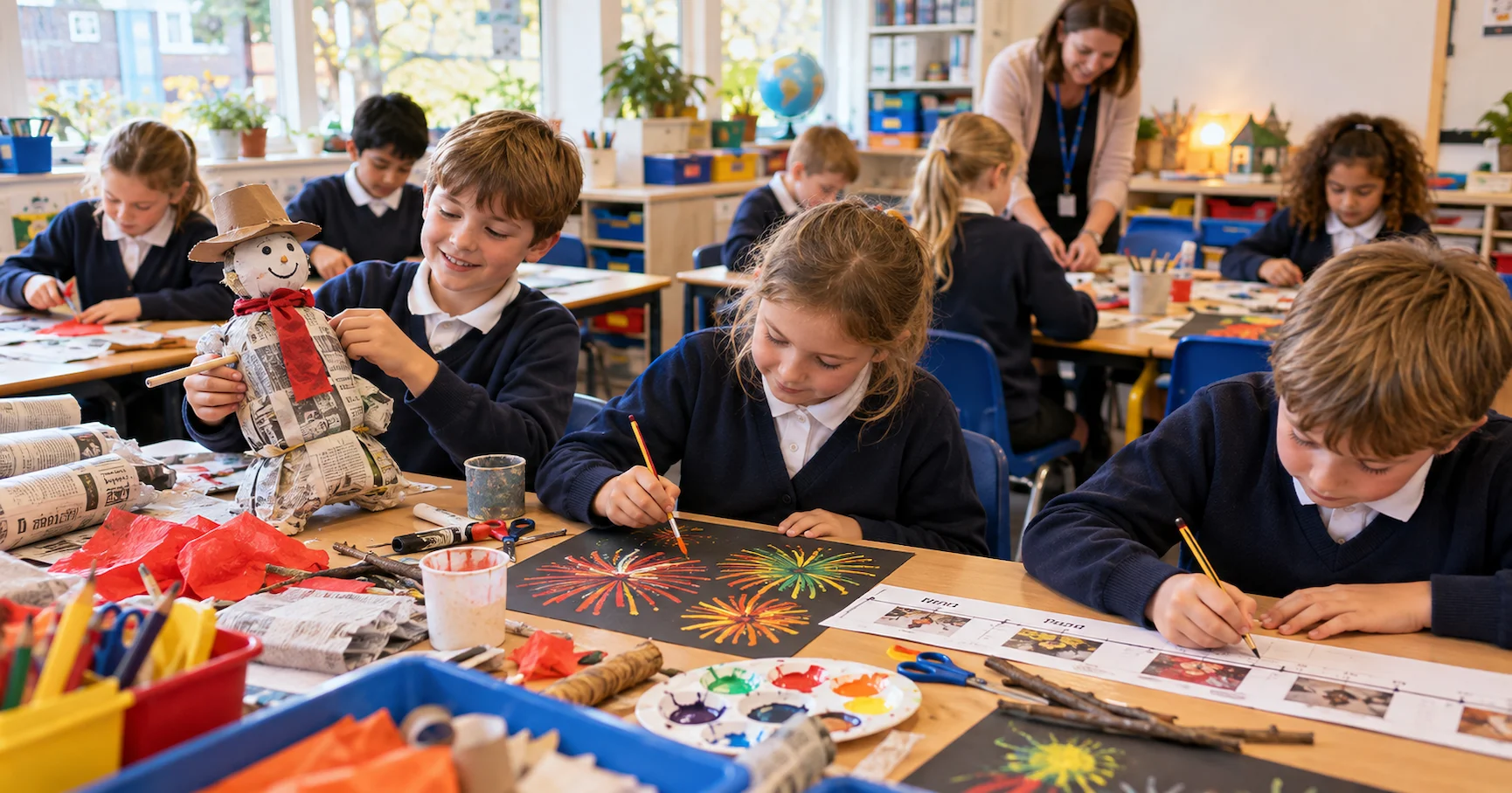 Primary school children working on Bonfire Night activities in a bright classroom — making a Guy figure, painting fireworks on black paper and writing on a timeline