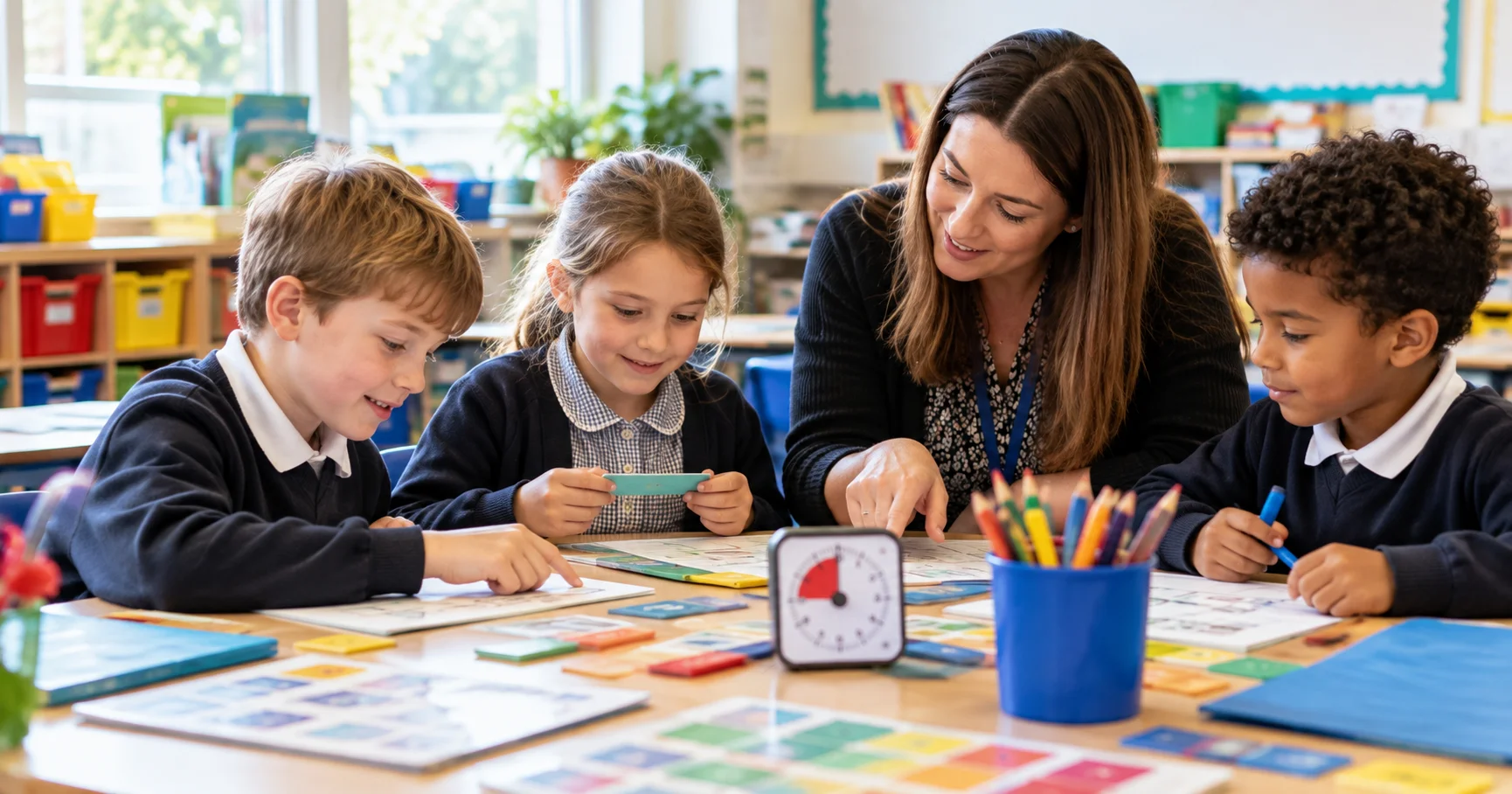 A small group of primary school children working at a table with visual learning aids and a teaching assistant supporting from the side