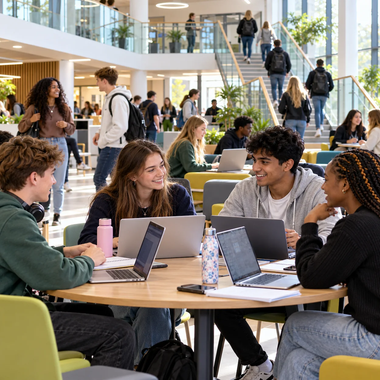 A diverse group of 16-18 year old students in casual clothing in a modern FE college atrium, sitting at tables with laptops and chatting