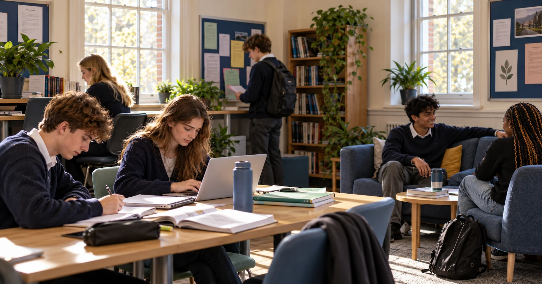 Students studying quietly in a sixth form common room inside a secondary school building in England