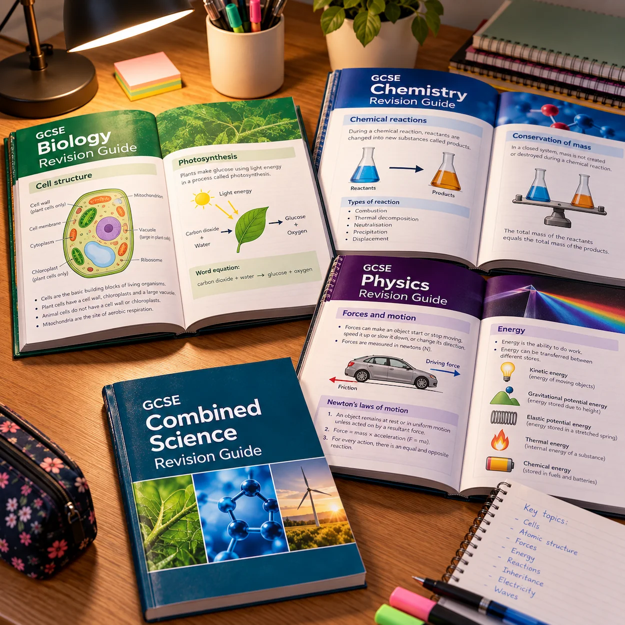 Three separate GCSE revision guides for Biology, Chemistry and Physics next to a Combined Science guide on a wooden desk