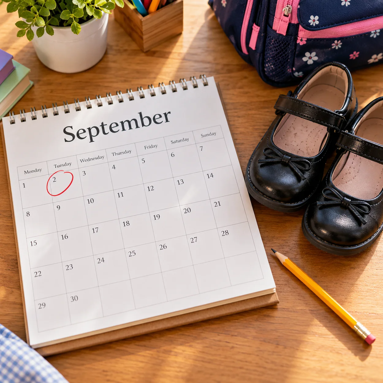 A desktop calendar open on a September page with a date circled, beside a pair of children's school shoes and a pencil, representing the school start date in England