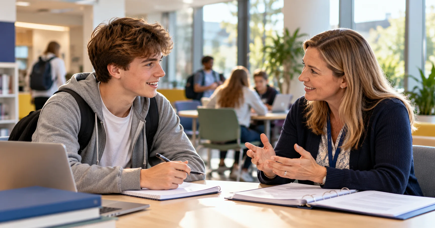 A 16-17 year old young person talking with a tutor or adviser at a further education college in England, representing post-16 participation options