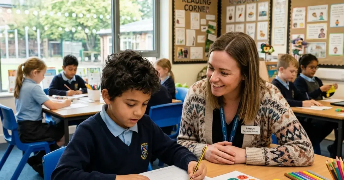 A specialist teacher supporting a student with dyslexia using colourful learning aids in a modern English classroom