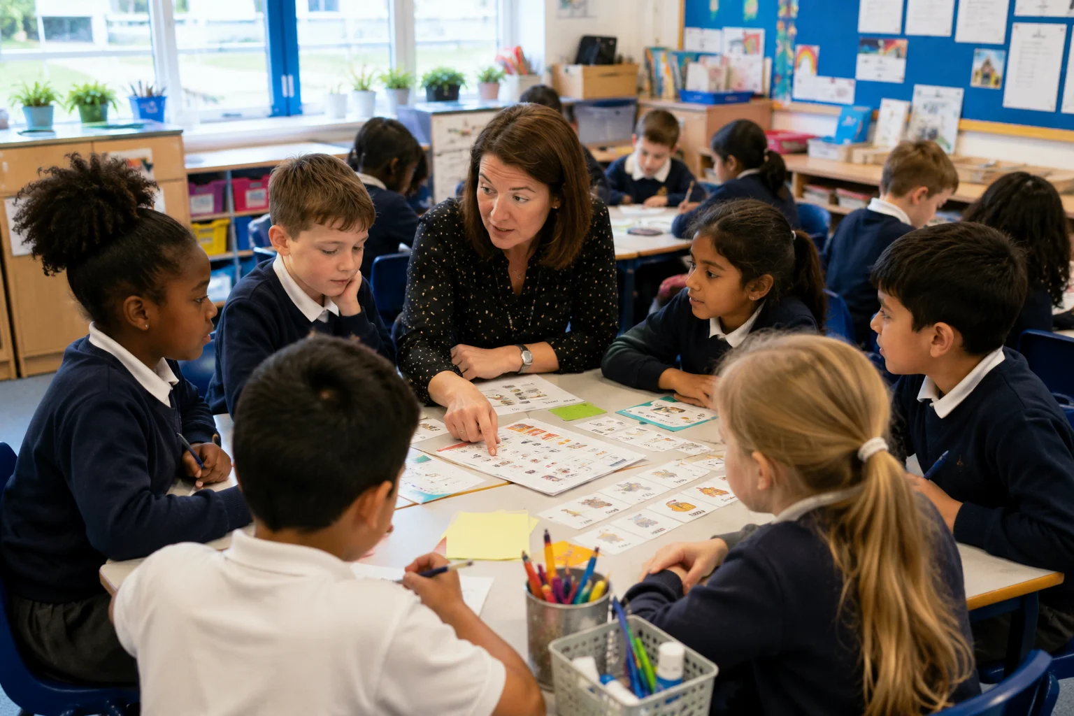 A diverse primary school classroom in England with children from different backgrounds working together on a group activity with a teacher facilitating