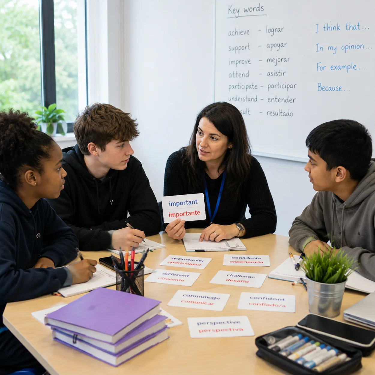 A secondary school EAL teacher in England working with a small group of teenage pupils using bilingual dictionaries and visual vocabulary cards