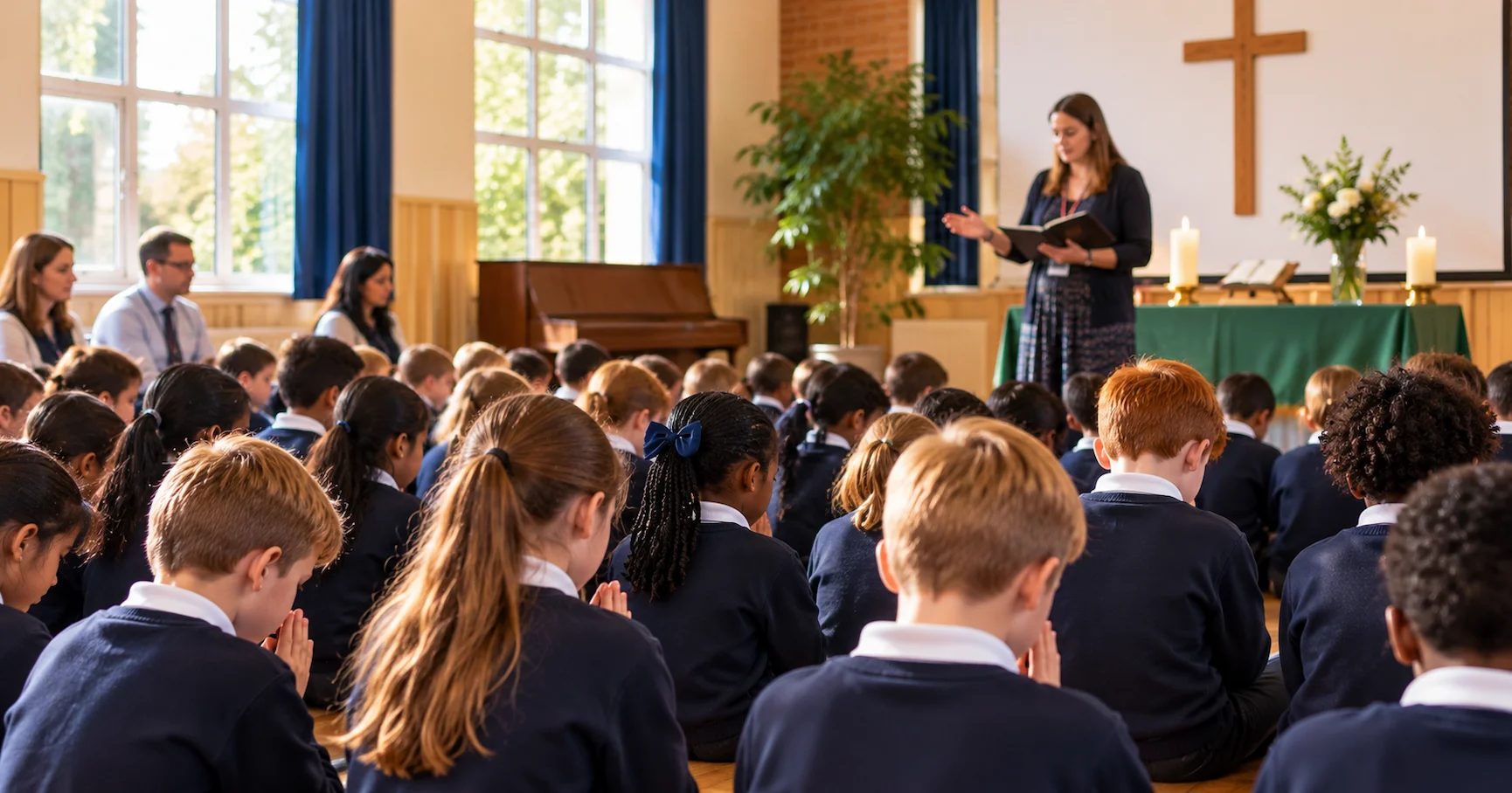 A primary school collective worship assembly with pupils and teachers seated in rows in a school hall, some pupils with hands together