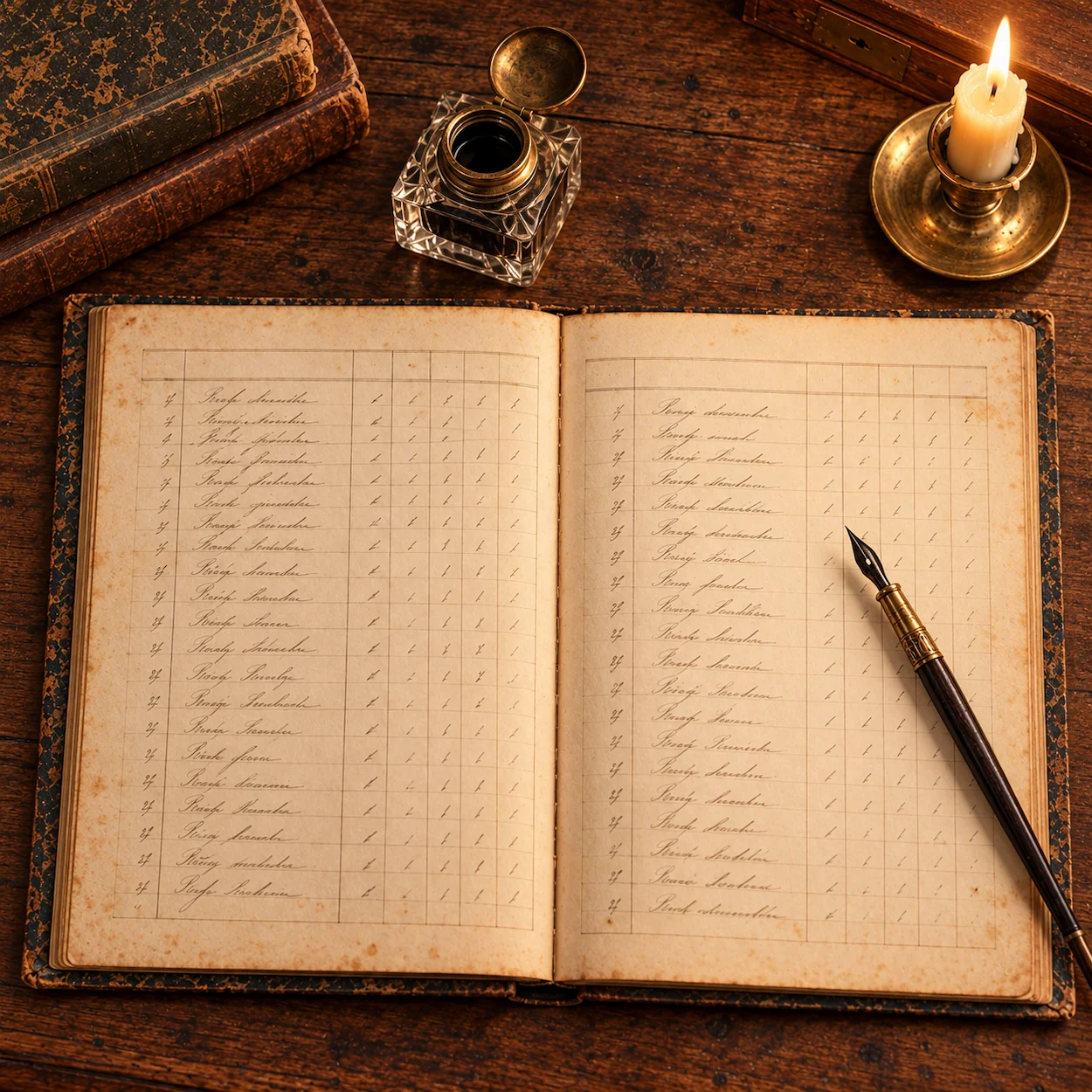 A Victorian-era school register open on a wooden desk with a dip pen and glass inkwell beside it