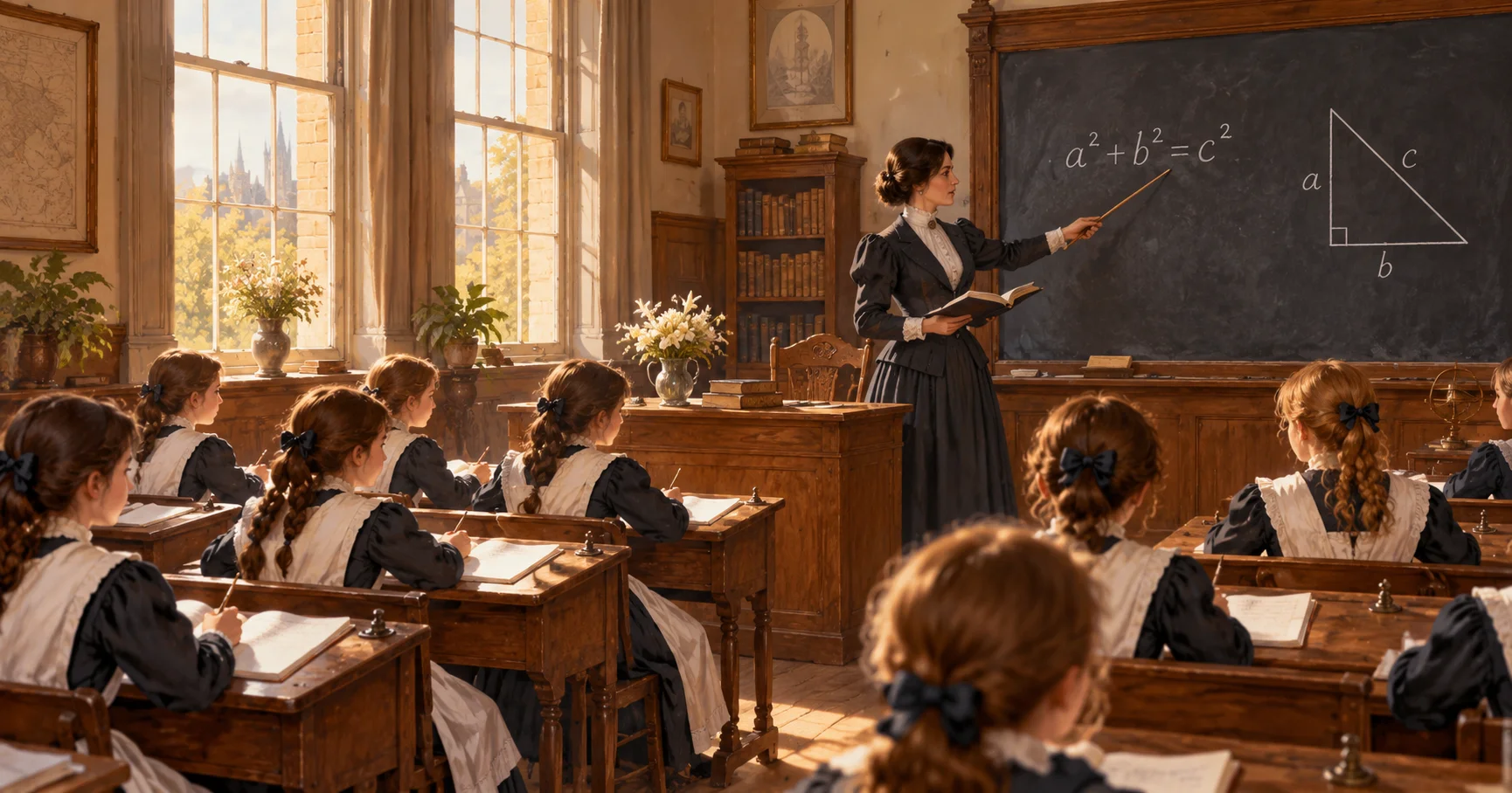 Victorian girls in school dress writing in exercise books in a bright classroom, with a female teacher at a blackboard