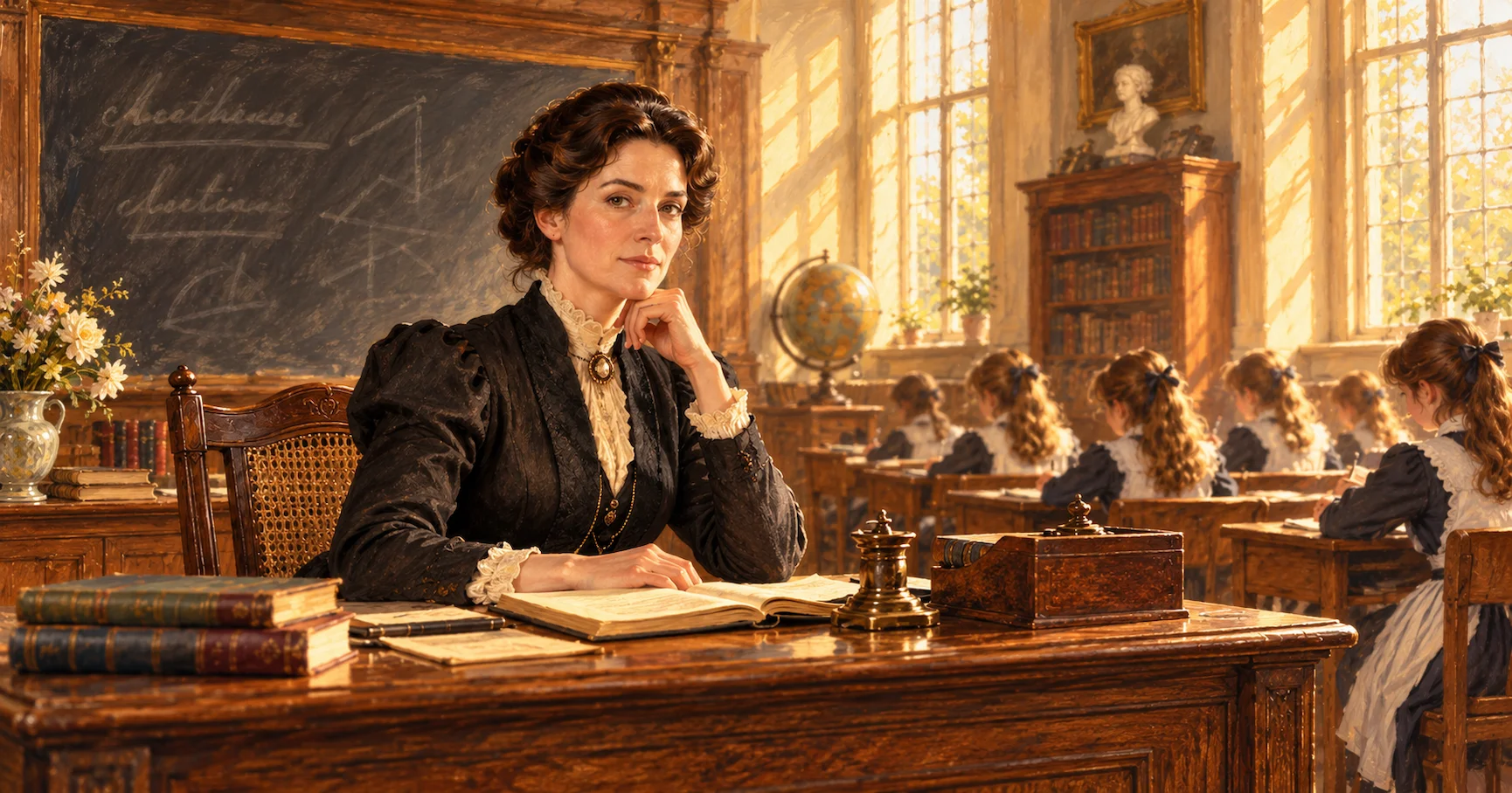 Victorian-style portrait of a female headmistress at her desk in a bright Victorian classroom with girls' desks behind her