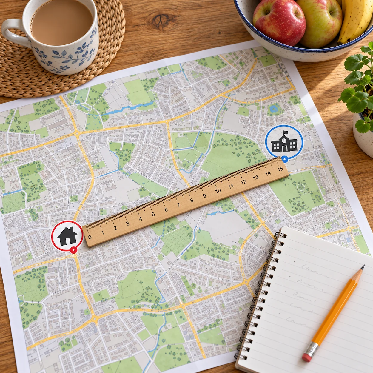 An overhead shot of a printed local area map on a kitchen table with a ruler measuring the distance between a home and a school