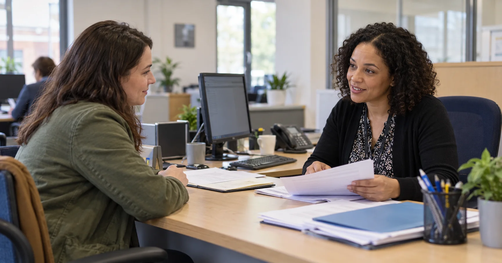 A parent speaking calmly with a local council officer at a desk in a British public office, reviewing papers together