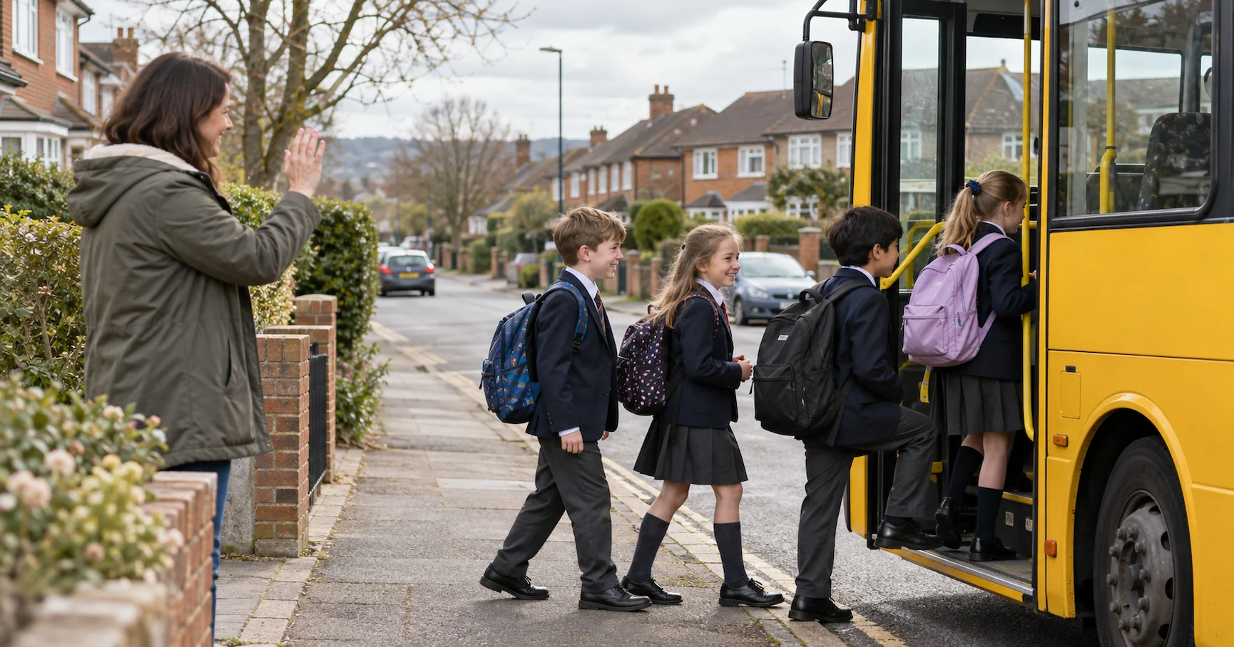 Primary school children in British uniforms boarding a school bus on a residential street in England