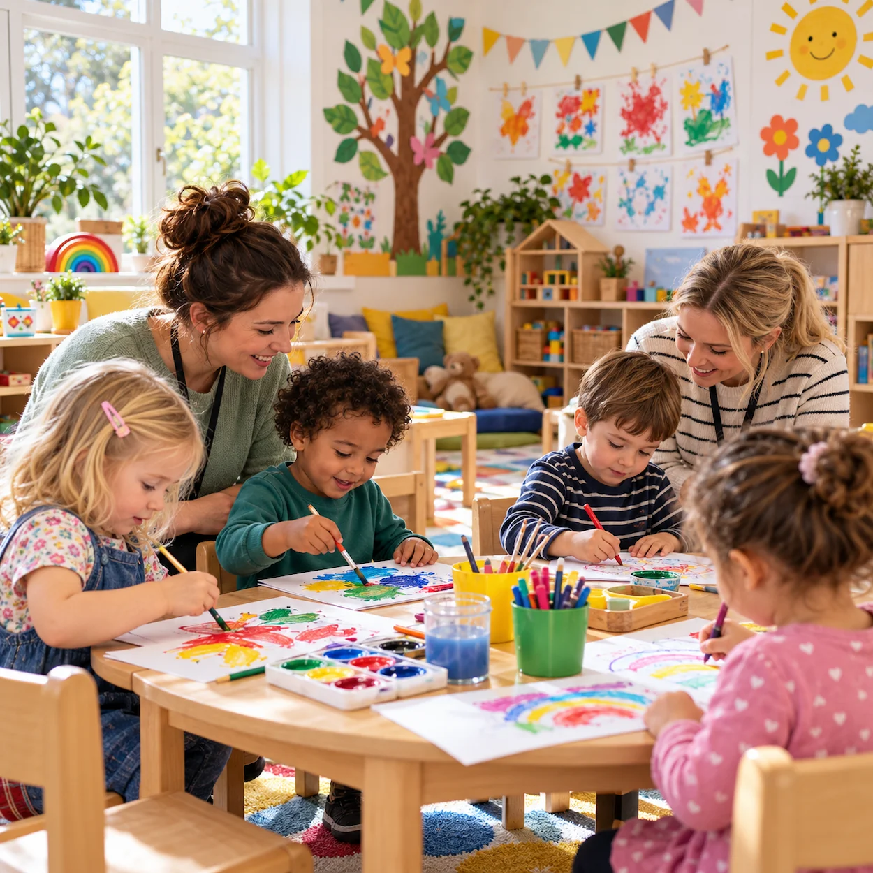 Young children in a bright English nursery room doing art activities at low tables with practitioners
