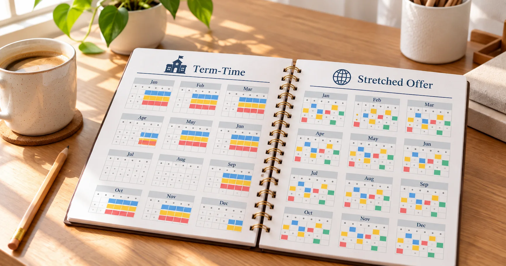 A family planner open on a desk showing two different scheduling patterns — term-time blocks versus year-round spread