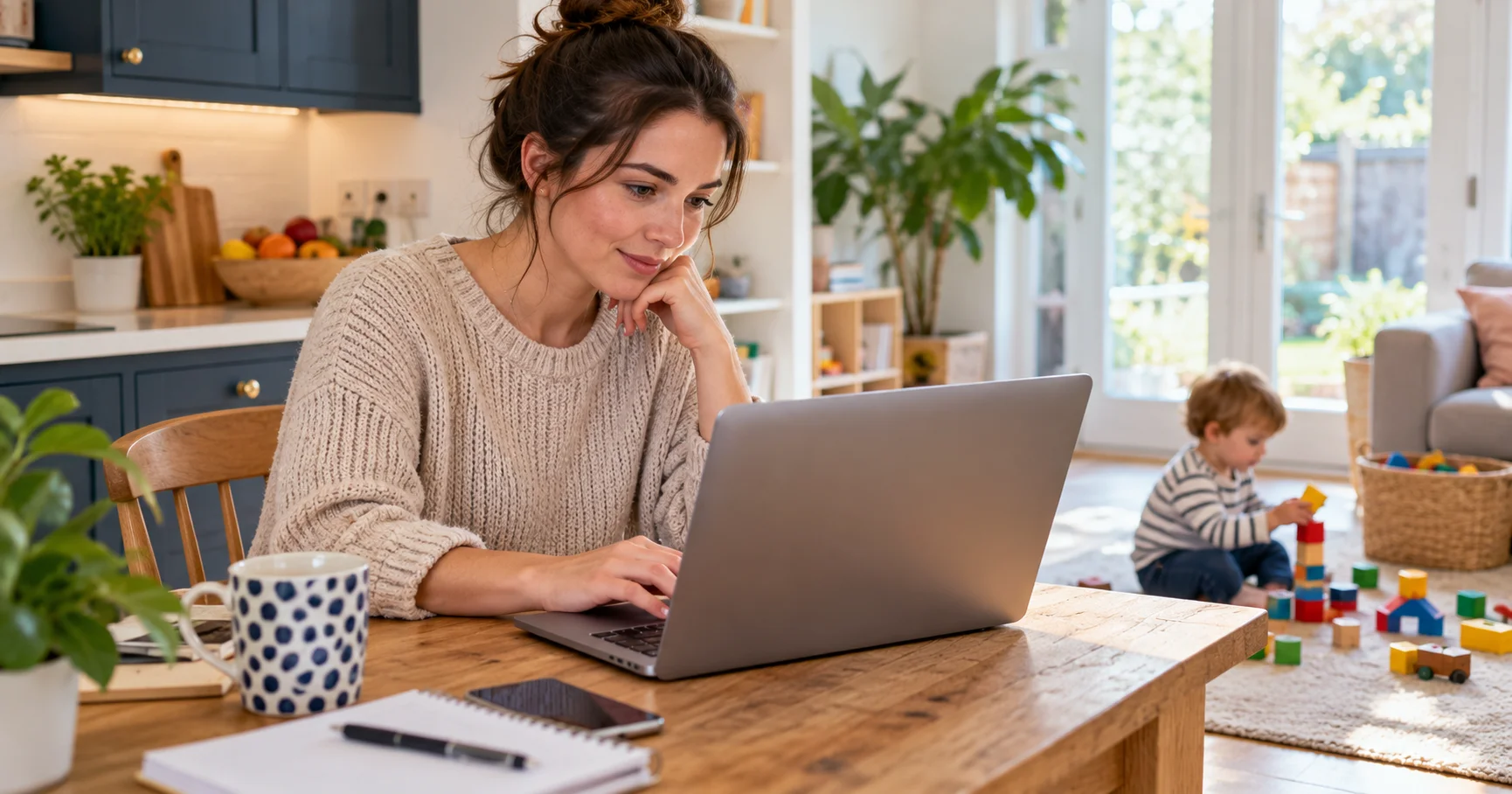 A parent applying for a childcare eligibility code on a laptop at a kitchen table while a toddler plays nearby