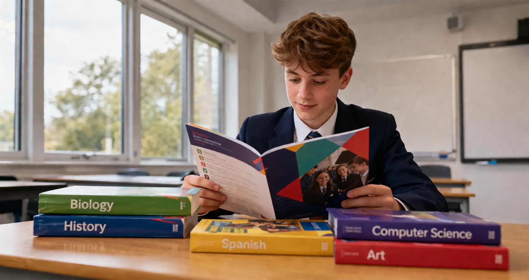 Year 9 student reviewing GCSE subject options booklet at a school desk