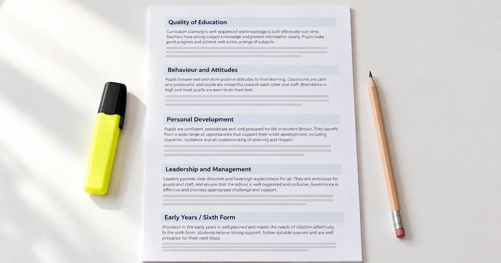 A printed school inspection report on a white desk showing five section headers with a highlighter and pencil beside it