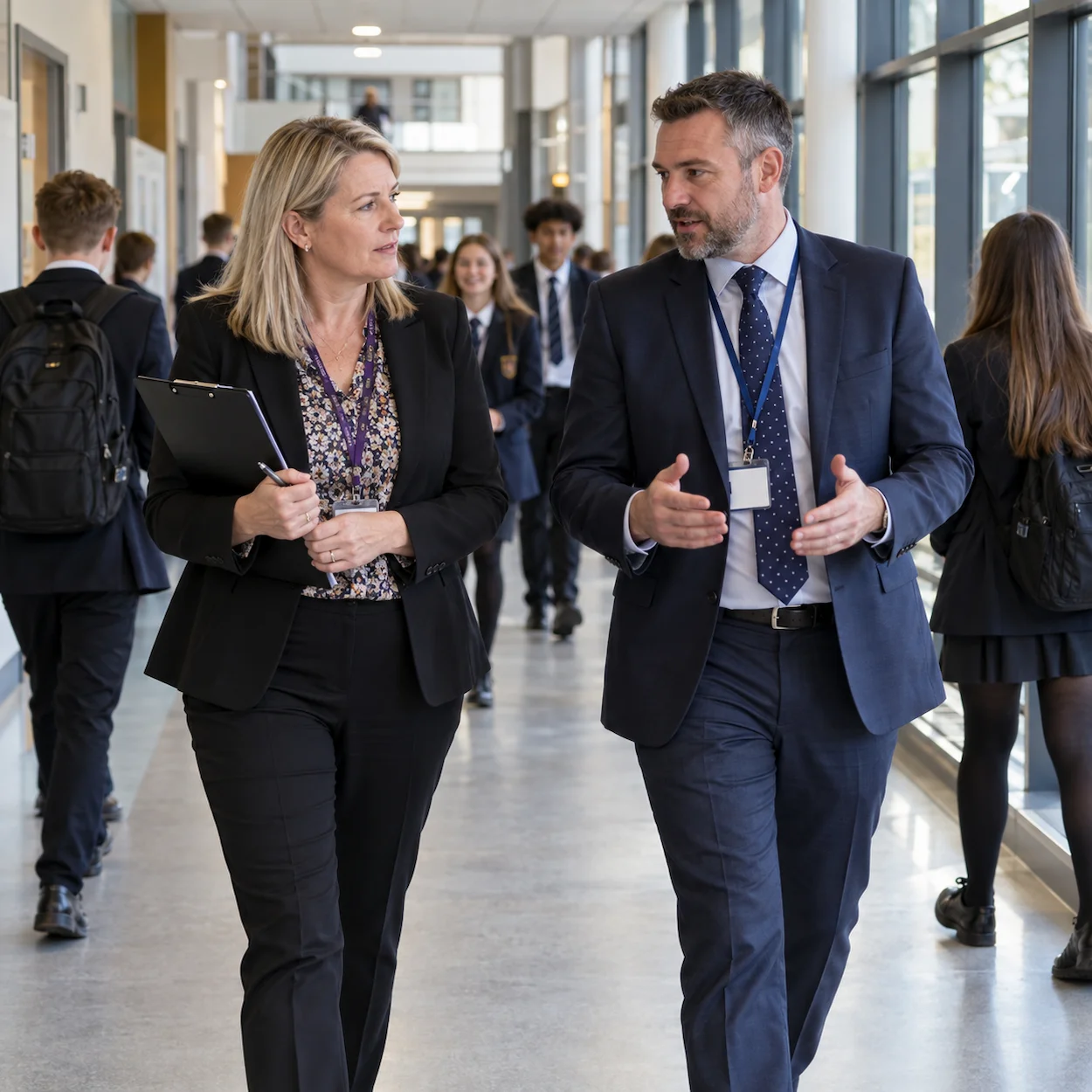 An Ofsted-style school inspector with a clipboard walking through an English secondary school corridor with the headteacher