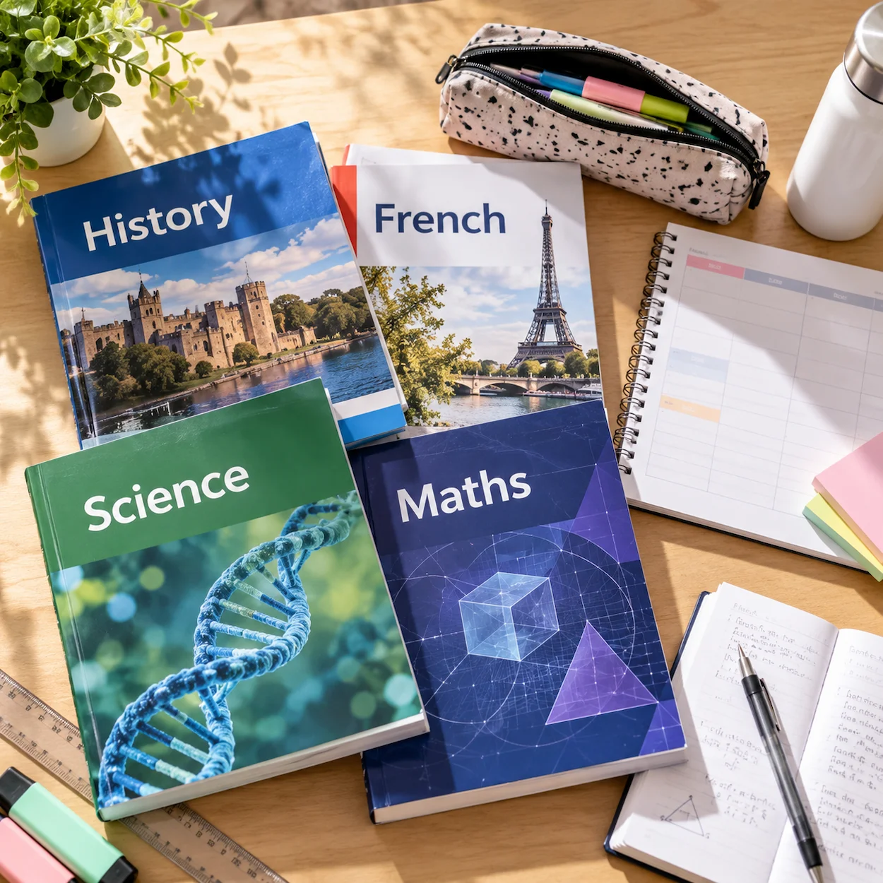 Overhead flat-lay of stacked GCSE subject textbooks including History, French, Science and Maths on a school desk in England