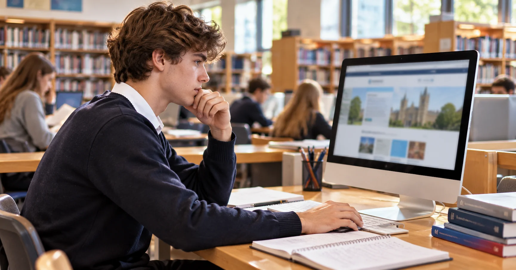A sixth-form student browsing university admissions information on a computer in an English school library