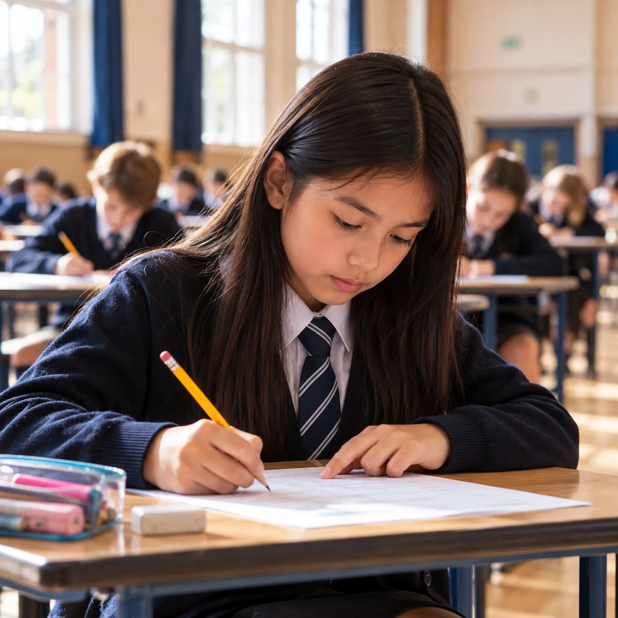 A Year 6 pupil in school uniform sitting at a desk in an exam hall, pencil in hand, checking a maths paper with a calm and focused expression