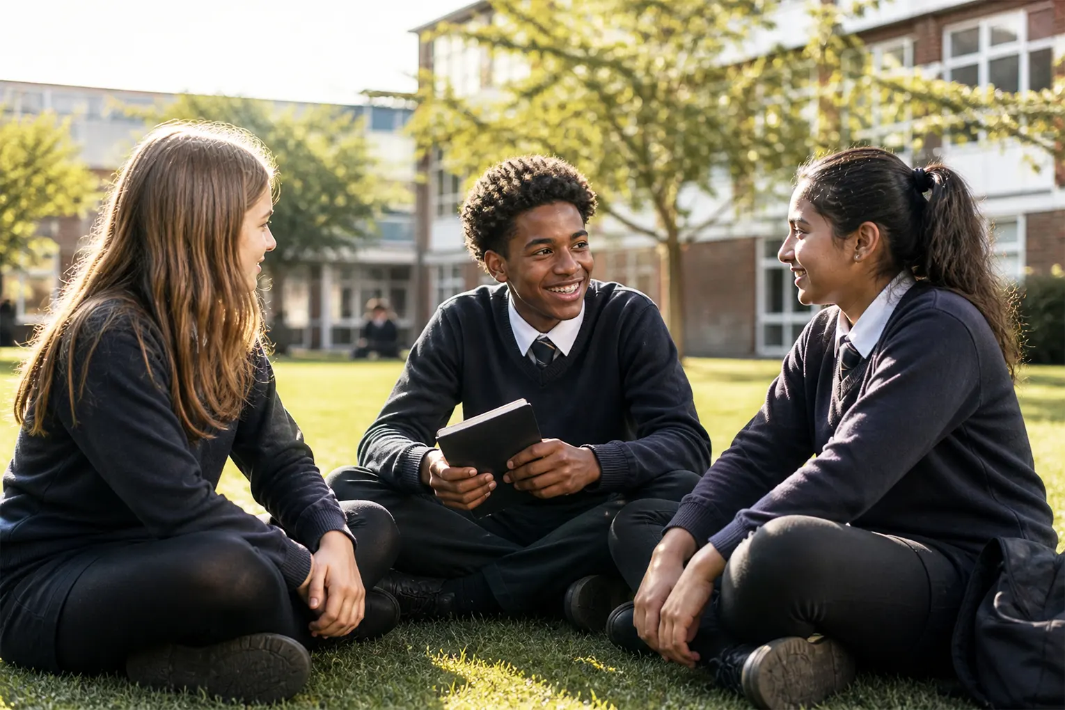 Students engaged in peer support discussion in a school courtyard