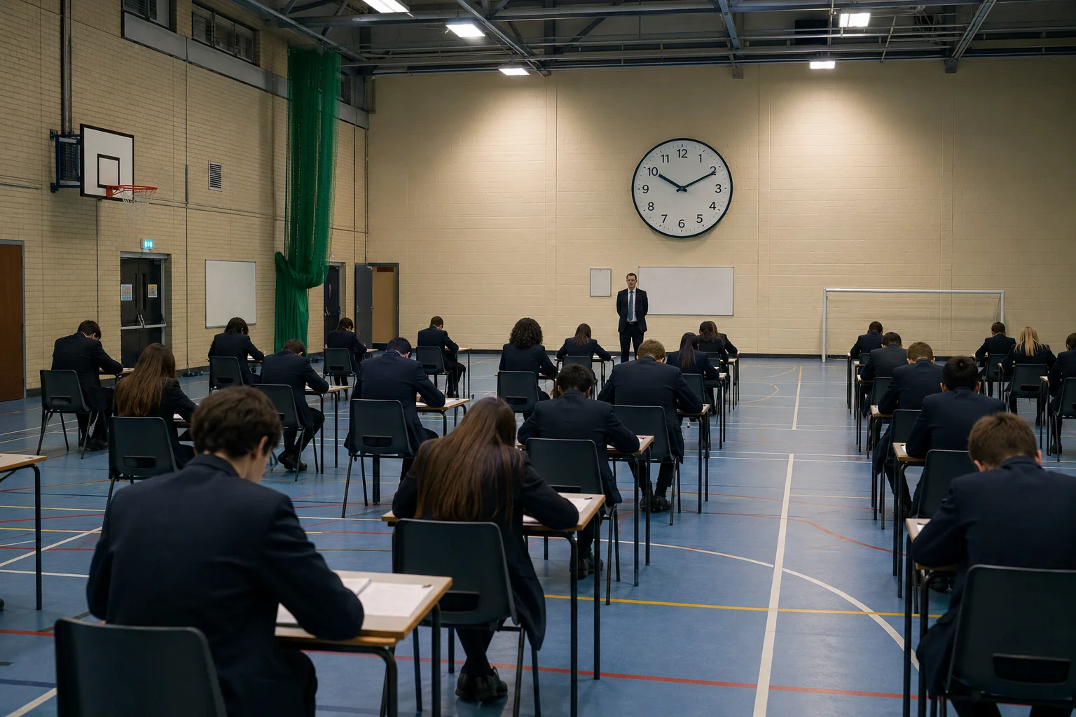 A Year 11 student in British school uniform sitting a mock exam in a school sports hall in England, rows of desks, clock on the wall