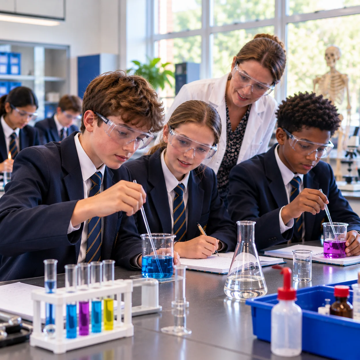 Secondary school pupils in safety goggles conducting a science experiment at lab benches, supervised by a teacher