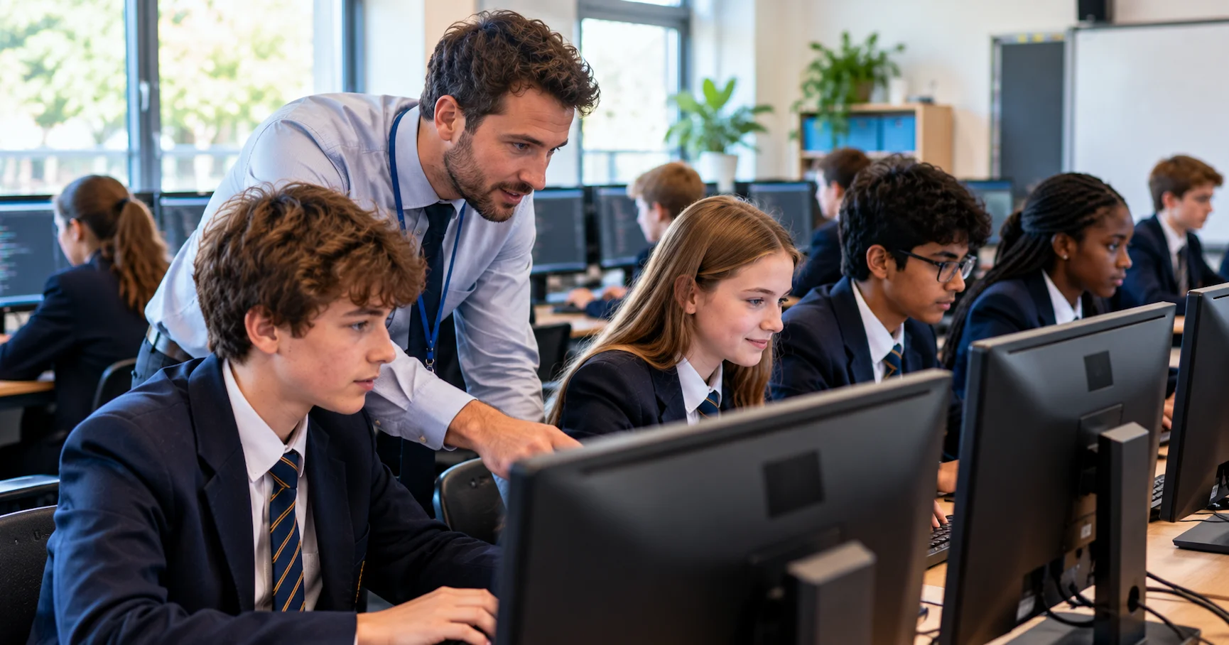 Secondary school pupils in a computing classroom writing code on desktop computers, teacher visible circulating between desks