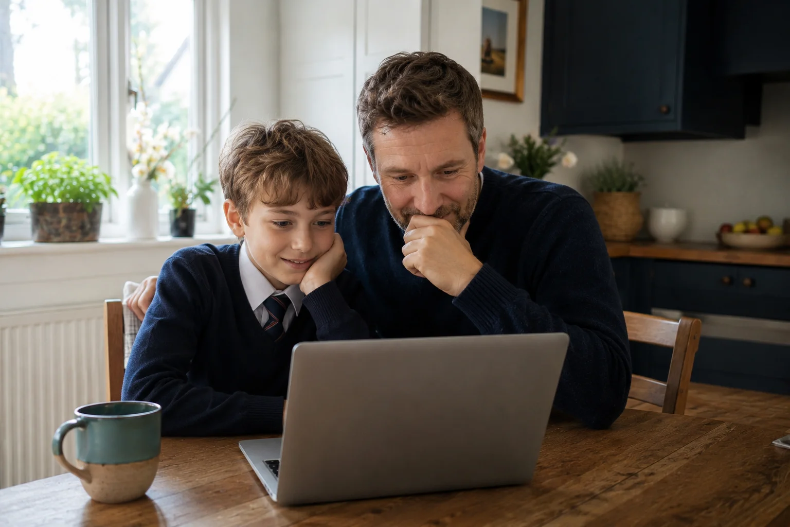 A Year 6 pupil in England wearing primary school uniform sitting with a parent at a kitchen table, both looking at a laptop screen showing school offer results