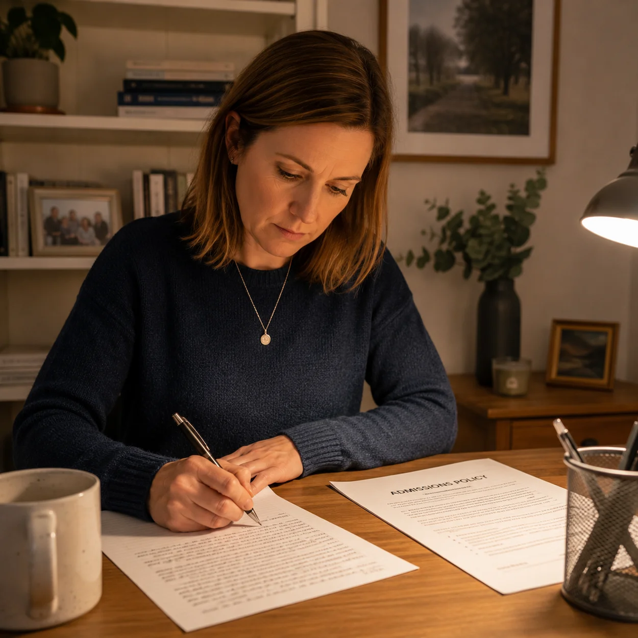 A parent in England at a desk writing a school admission appeal letter, with a printed admissions policy document and handwritten notes beside them