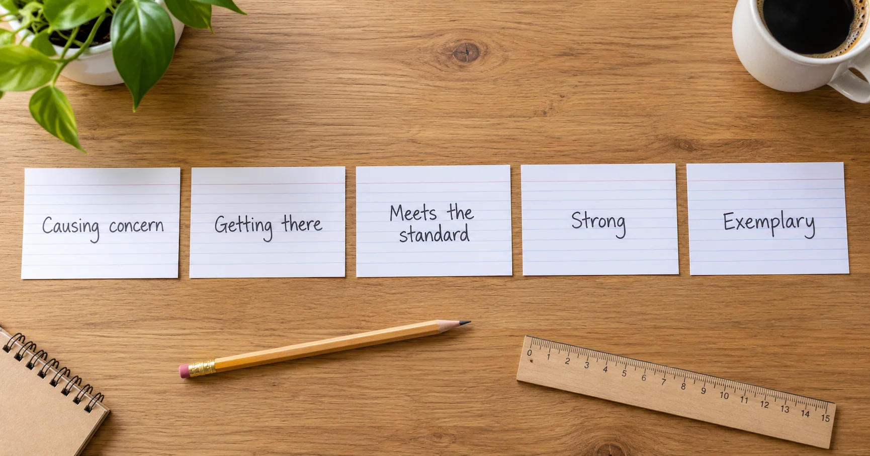 Five index cards laid out in a row on a wooden desk, each labelled with one of the five Ofsted rating descriptors