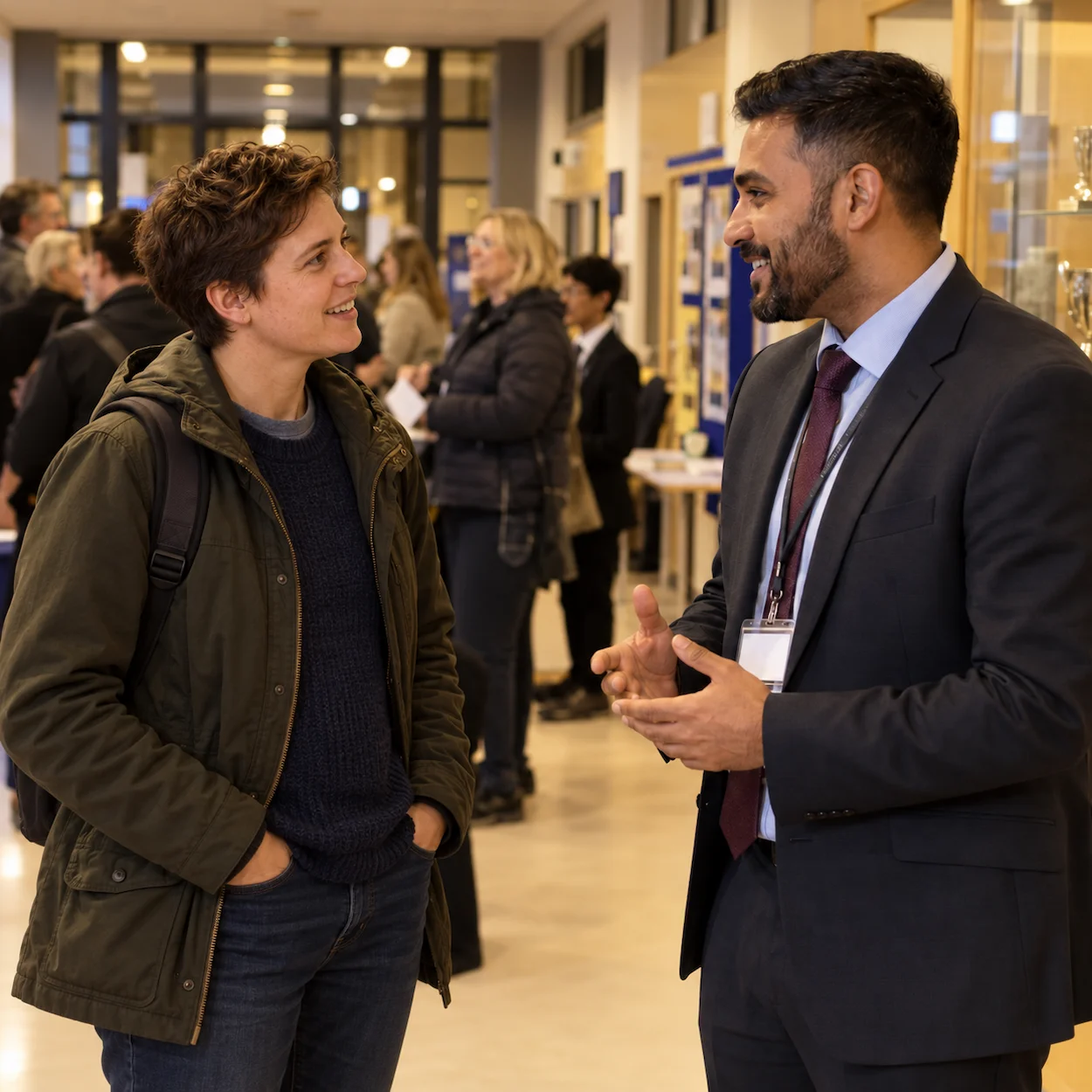A parent speaking with a school deputy headteacher at an open evening in an English secondary school corridor