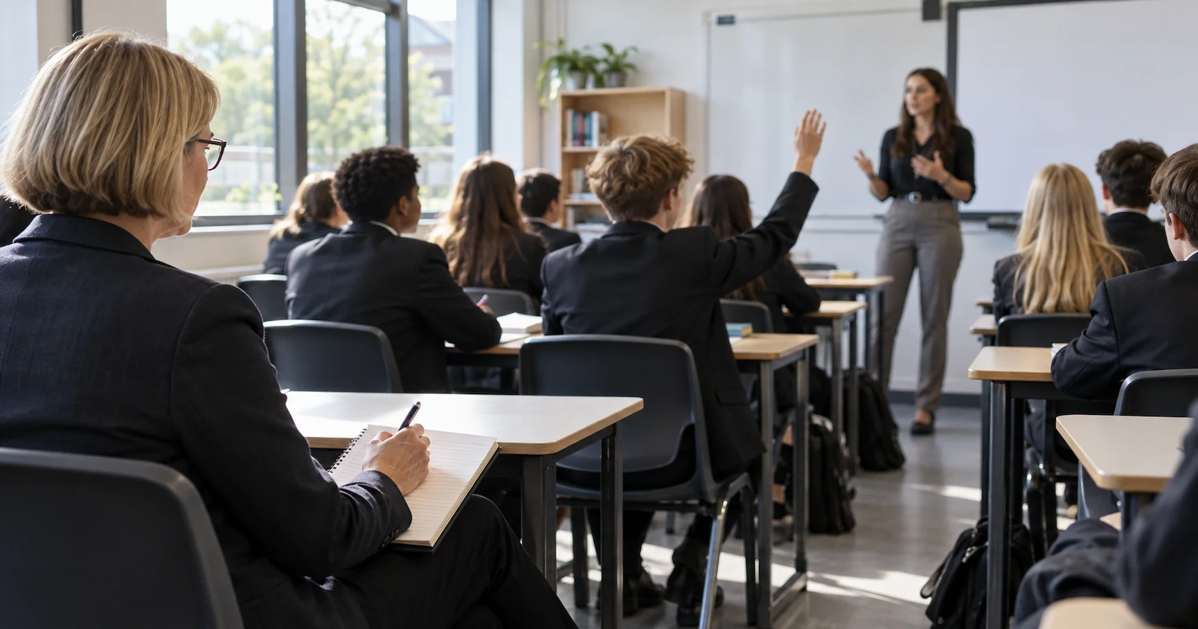 An Ofsted-style inspector sitting at the back of an English secondary school classroom observing a lesson with a notepad