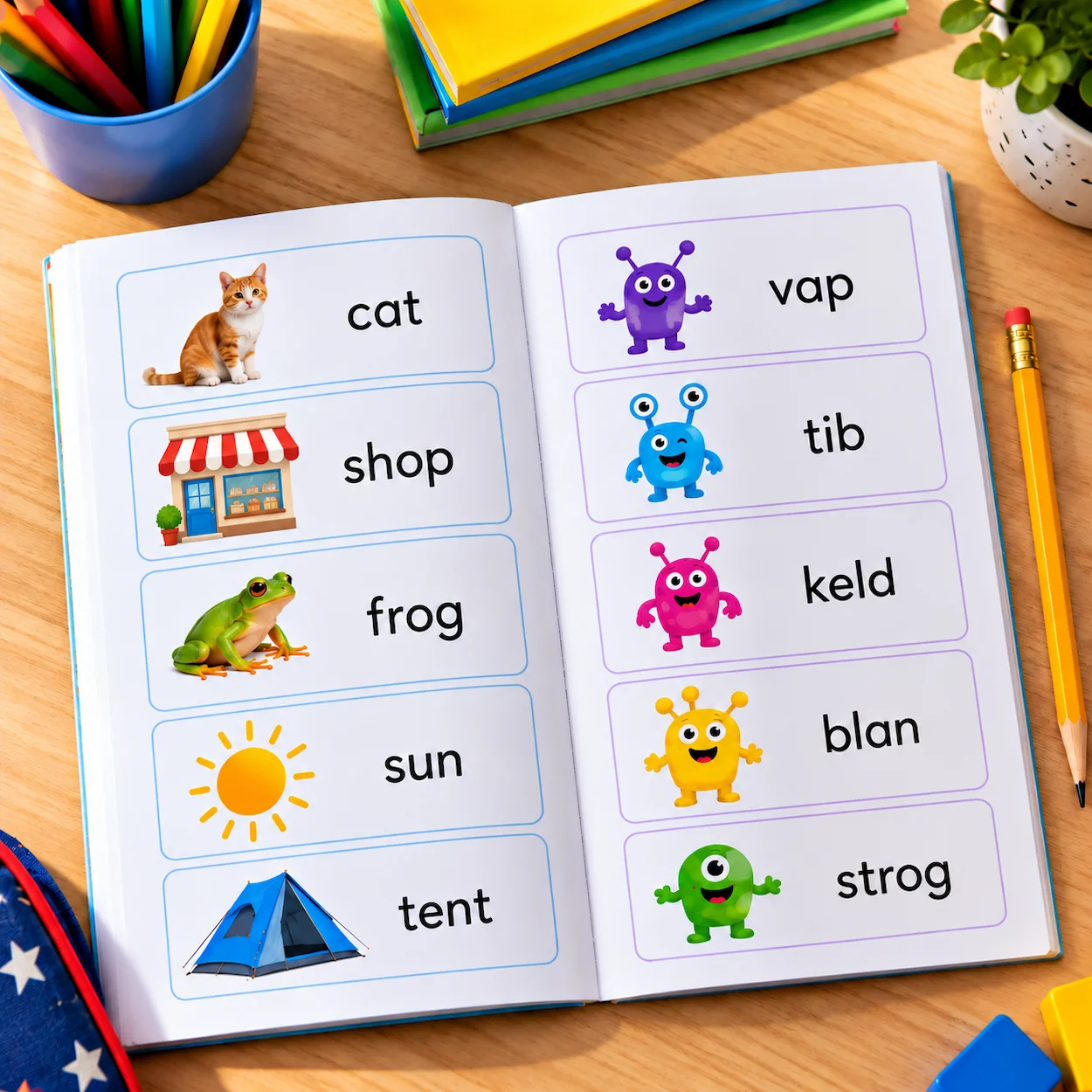 A child's reading booklet open to two columns of words — real words with simple illustrations on the left, pseudo-words each beside a small cartoon alien on the right