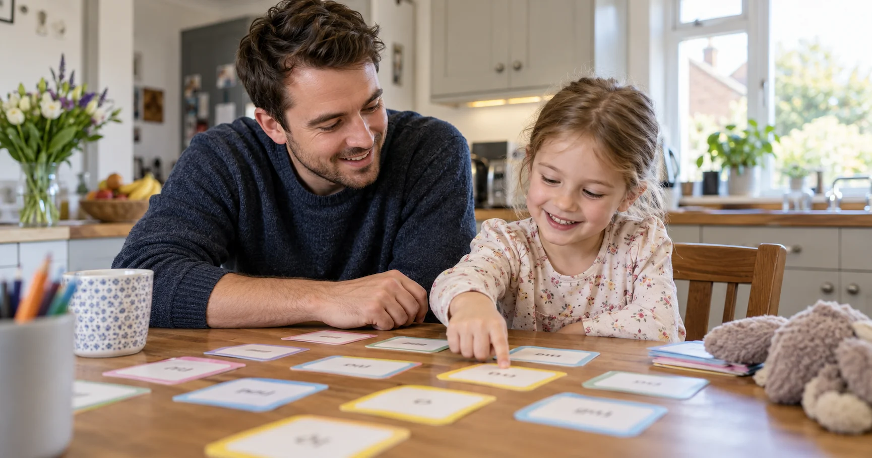 A father and young child practising reading from colourful phonics word cards spread on a kitchen table