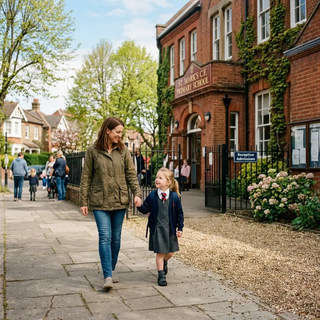 Parent holding child by the hand walking towards the gates of a red-brick English primary school