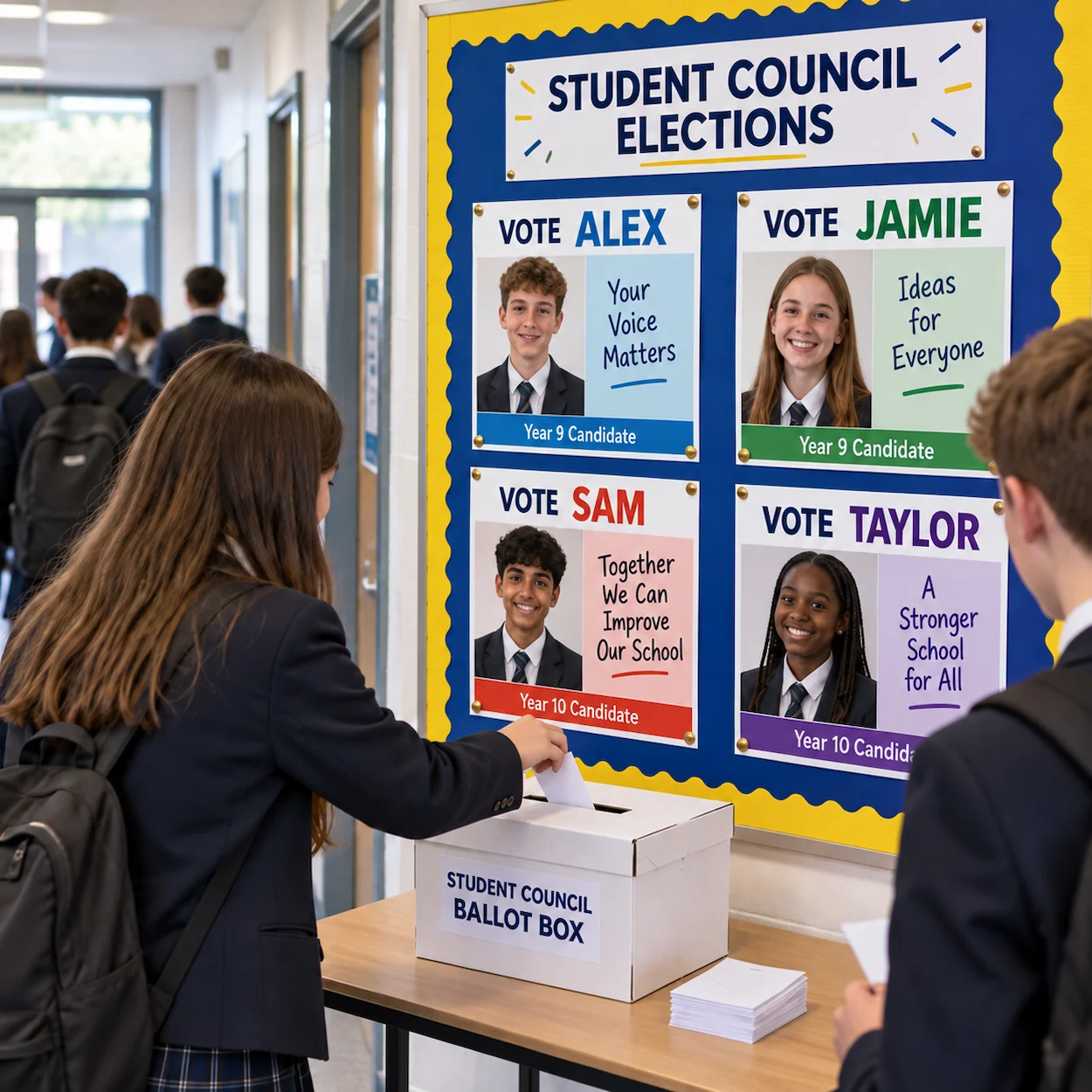 A school election notice board with candidate posters and a ballot box on a table in an English secondary school corridor
