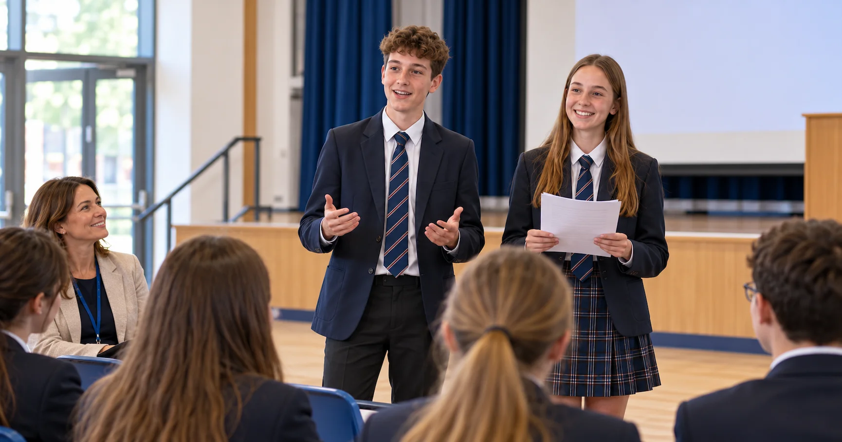 Two secondary school pupils in British school uniforms presenting to peers and a teacher in a school hall