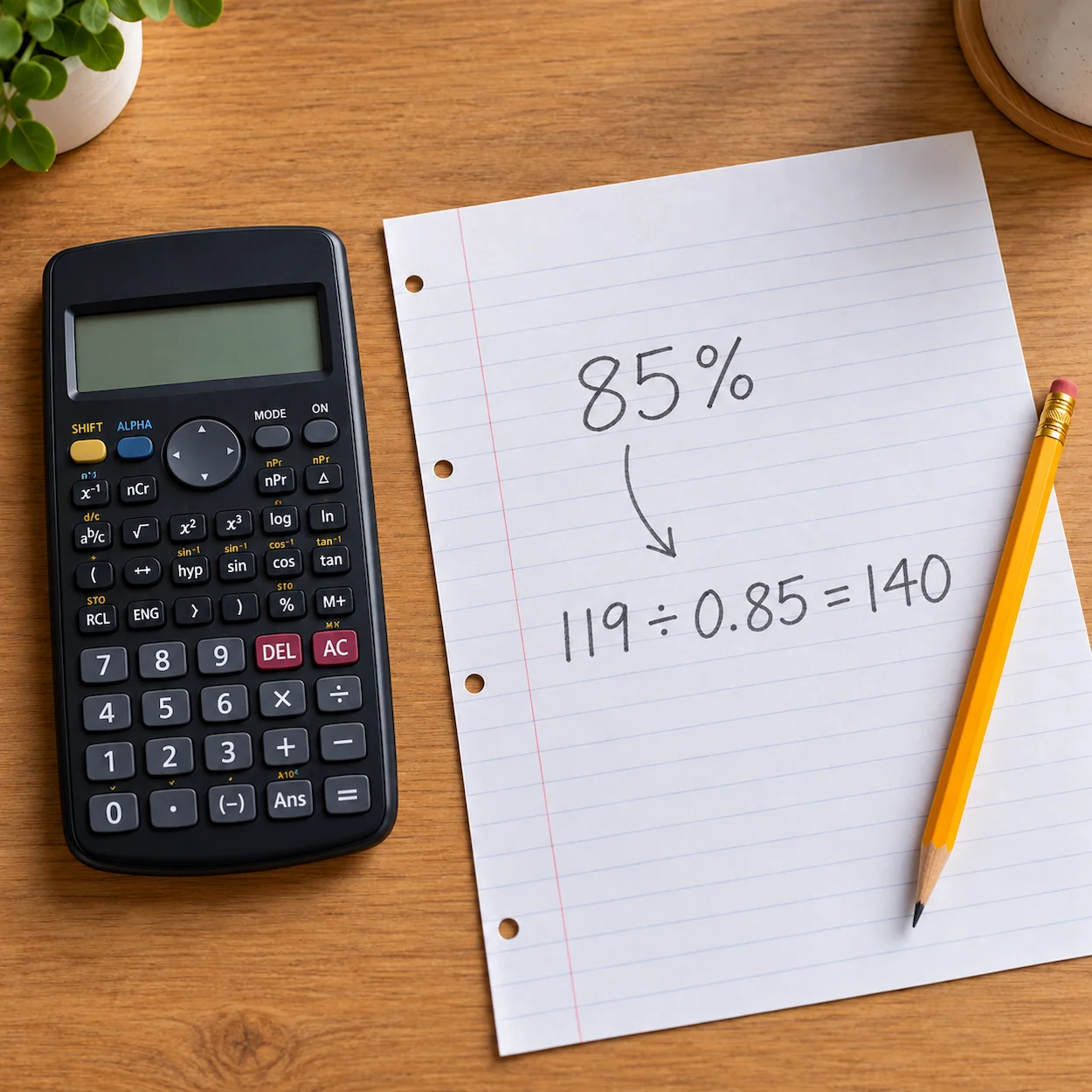 A scientific calculator and pencil beside a piece of paper showing the calculation 119 divided by 0.85 equals 140, illustrating a reverse percentage worked example