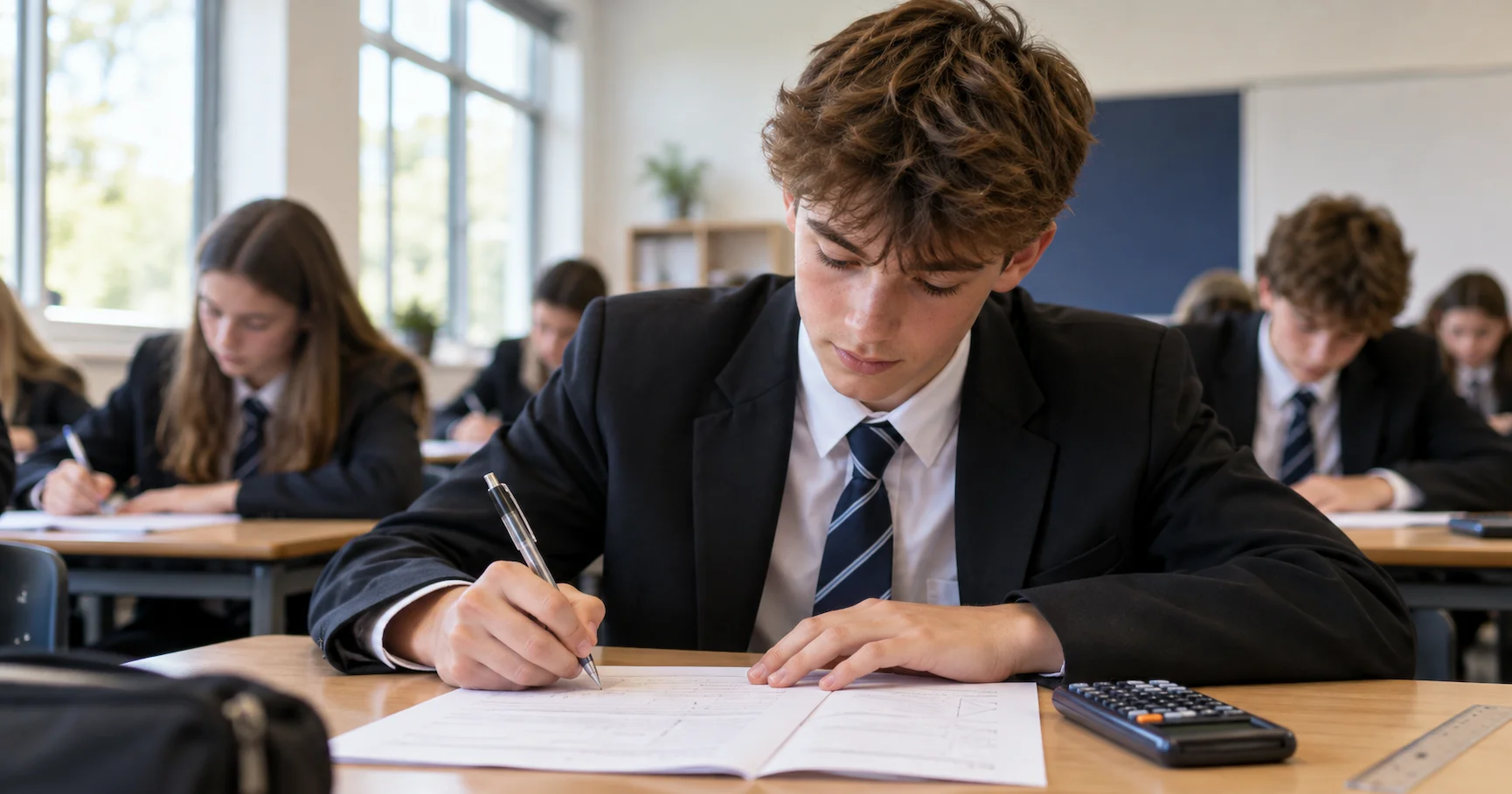 A Year 10 student in school uniform working through a maths paper with a scientific calculator in a bright secondary school classroom